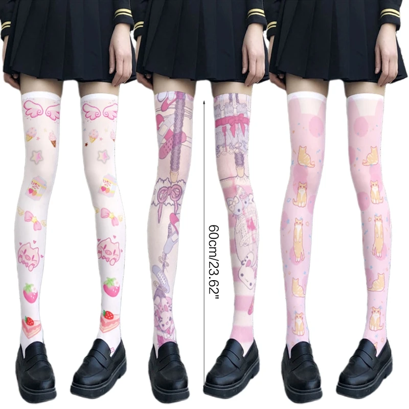 Kobiety Cartoon zakolanówki pończochy japońskie Anime śliczna świnka dla kota niedźwiedź zwierząt drukowane Cosplay Over Knee Long Soc