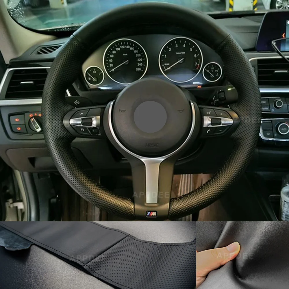 APPDEE Black Genuine Leather Car Steering Wheel Cover for BMW M Sport F30 F31 F34 F10 F11 F07 X1 X2 X3 F25 F32 F33 F36 F48 F39