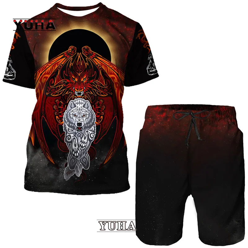 YUHA Flying Dragon Totem Art 3D Print Men's T-Shirt/Suit Summer Cool Short Sleeved Tops+Shorts Set Gothic Hip Hop Sportwear Trac