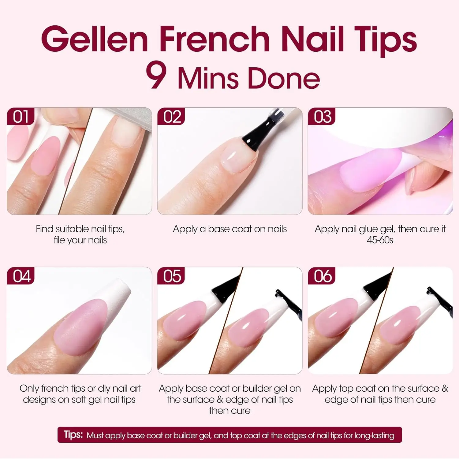 GELLEN Kwadratowe Miękkie Sztuczne Paznokcie French Tips 3 w 1 z Żelowym Klejem, 330 sztuk, 15 Rozmiarów, Różowe, Długotrwałe, Utwardzane Lampą UV, Sztuczne Paznokcie