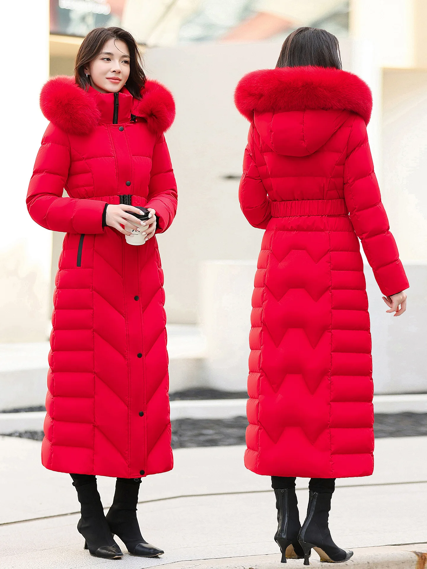 

Fit -30 ℃ Холодная зима, длинные пальто на утином пуху 125 см, женские пальто с воротником из натурального лисьего меха с капюшоном, более толстые теплые пальто, парки с поясом wy2301