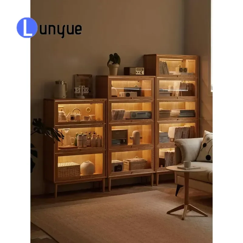 Modern Minimalist Solid Oak Bookcase 6 Shelves Glass Door Multi-layer Flap Locker Compact Storage Furniture for Small Space