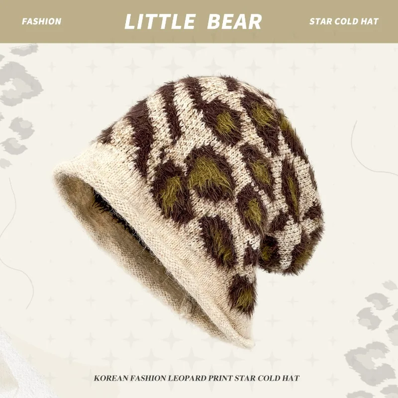 Amerikanische personalisierte Pullover-Mütze mit Leopardenmuster und Plüschfutter für Herren und Damen, Winter Retro warme Ohrenschützer, Skull-Beanie-Mützen – Detail 1