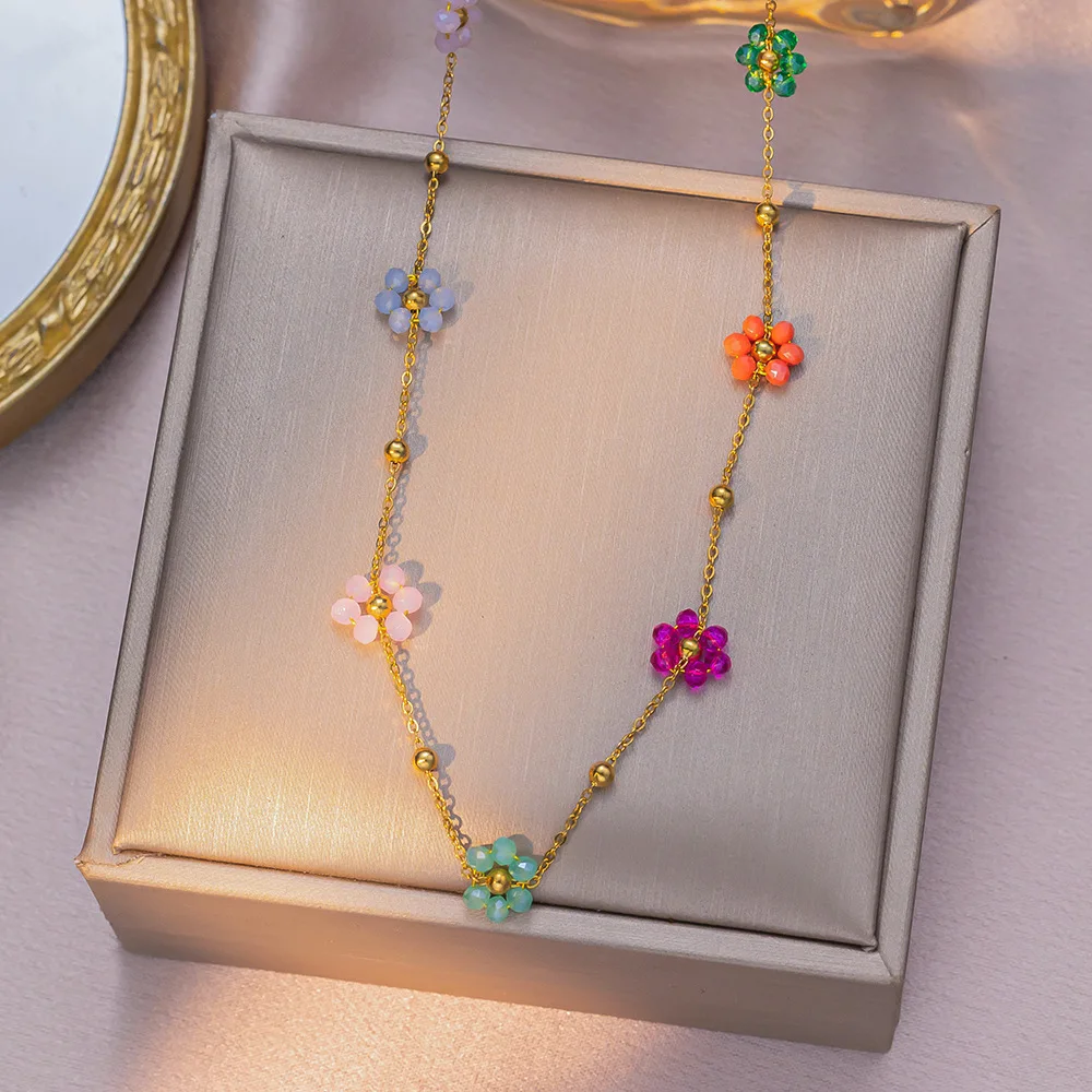 IFYOUOO Colorful Crystal Flower Chain Stainless Steel Necklace Bracelet Set Plating Waterproof Jewelry For Ins Exquisite Jewelry image 3