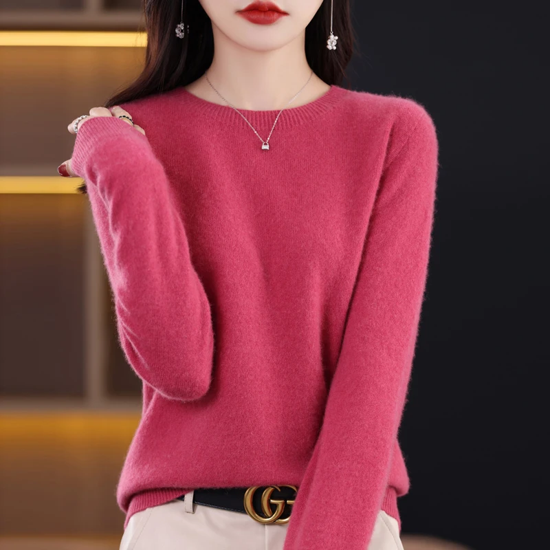 One-Line Ready-To-Wear Merino 100 Pure Woolen Sweater Women\'s O Neck Long Sleeved Fashionable Autumn Winter Knitted Bottom Shirt