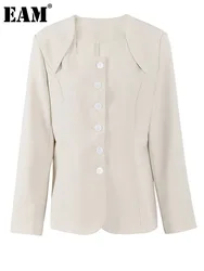 [EAM] Women Apricot Single Breasted Elegant Blazer New Square Collar Long Sleeve Jacket Fashion Spring Autumn 2024 3WQ688112