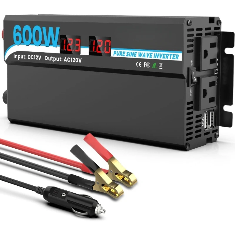 600W Power Inverter Truck, Home, Vehicles, Laptop, Car Inverter 12V to 110V with 2 AC Outlets, 2 USB Ports, LCD Display