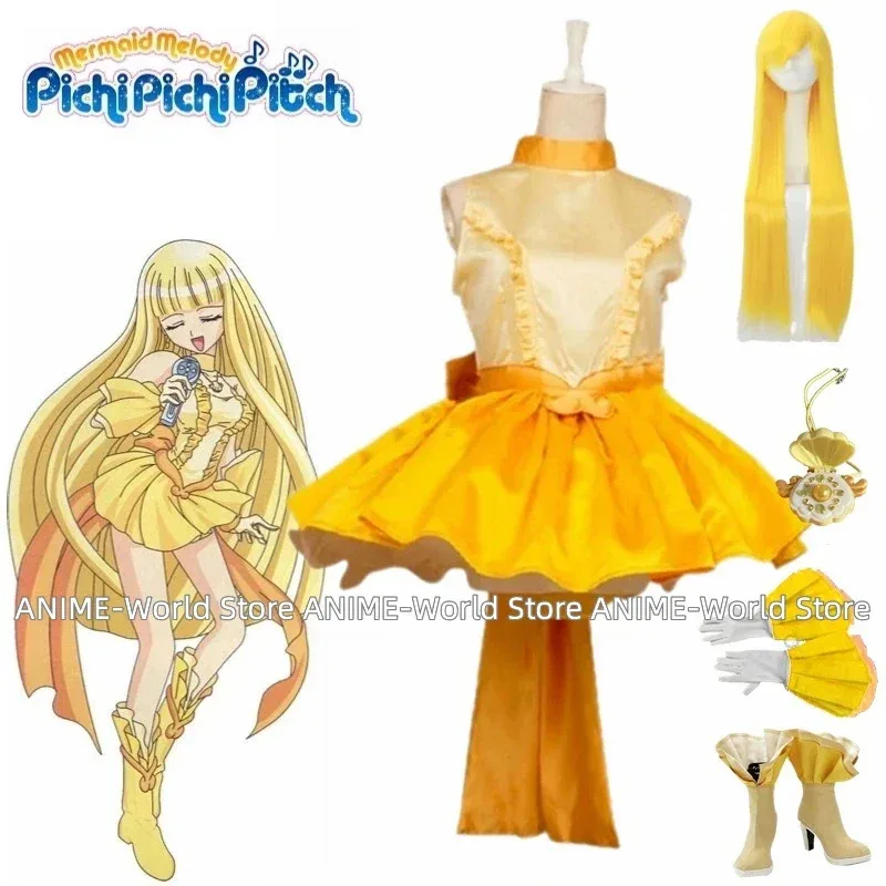 《Tamaño personalizado》 Anime Sirena Melody Pichi Pichi Pitch Coco Vestido de princesa Disfraz de cosplay con guantes Prop collar Traje Peluca Zapatos