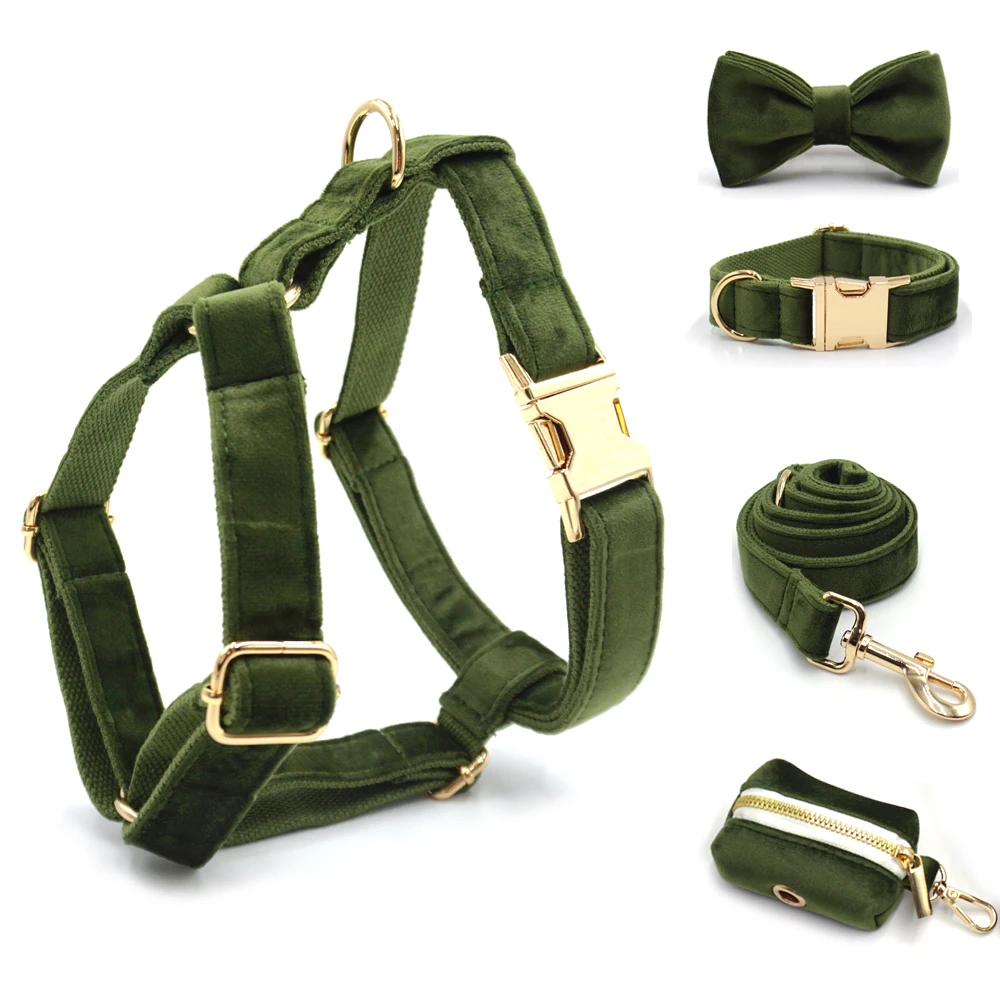 Vintage Green Velvet Custom Collars for Cat Dogs Soft Adjustable Collar and Leash Set Puppy Harness with Engraving Cat Necklace