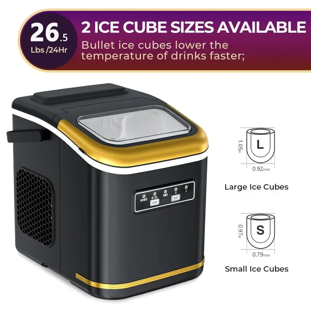 Ice Maker with Self-Cleaning, Basket and Scoop, 9 Bullet Ices Cubes in 6 Mins, 26.5lbs/24Hrs, Ice Machine