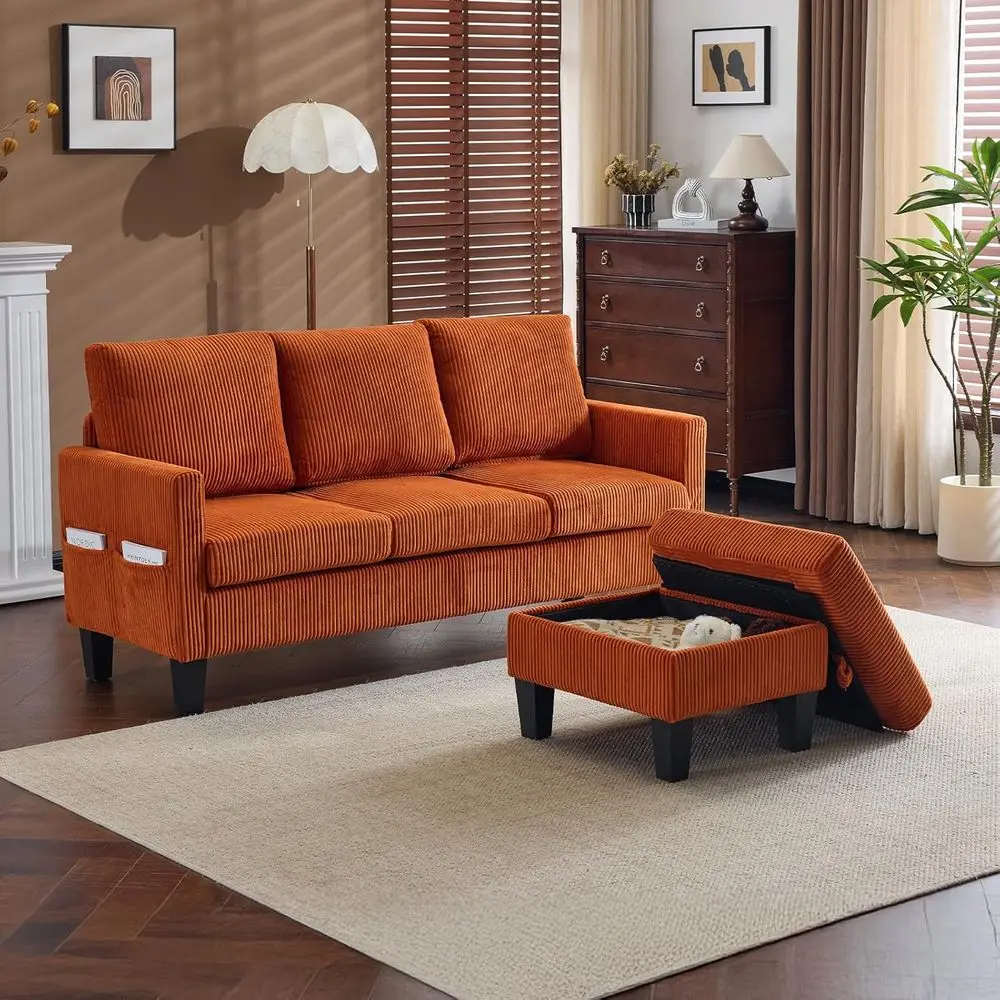 

68.5' L Shaped Couch with Movable Storage Ottoman, Convertible Sectional Soa in Sot Corduroy abric, ern Reversible Chaise Couch