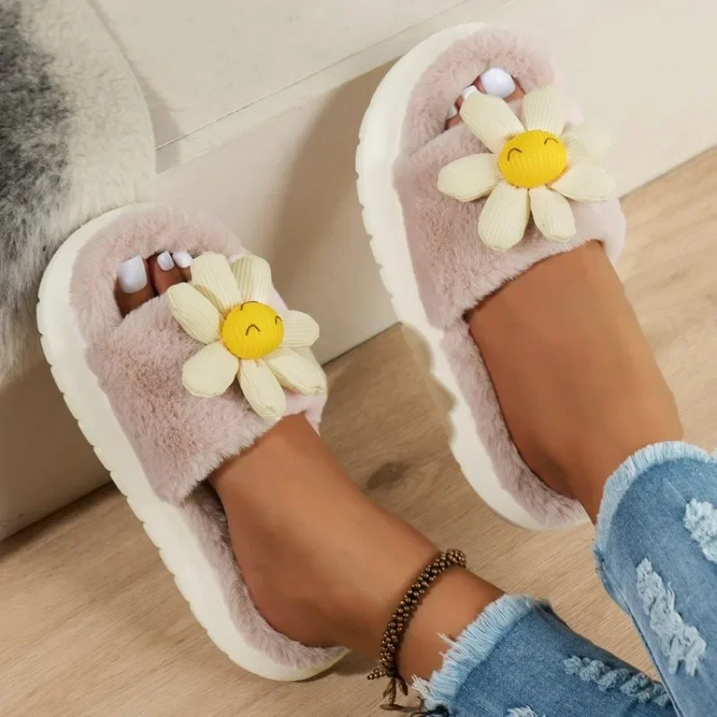 Cute flower cartoon smiling face women's slippers with anti slip thick soles, indoor slippers can be worn externally