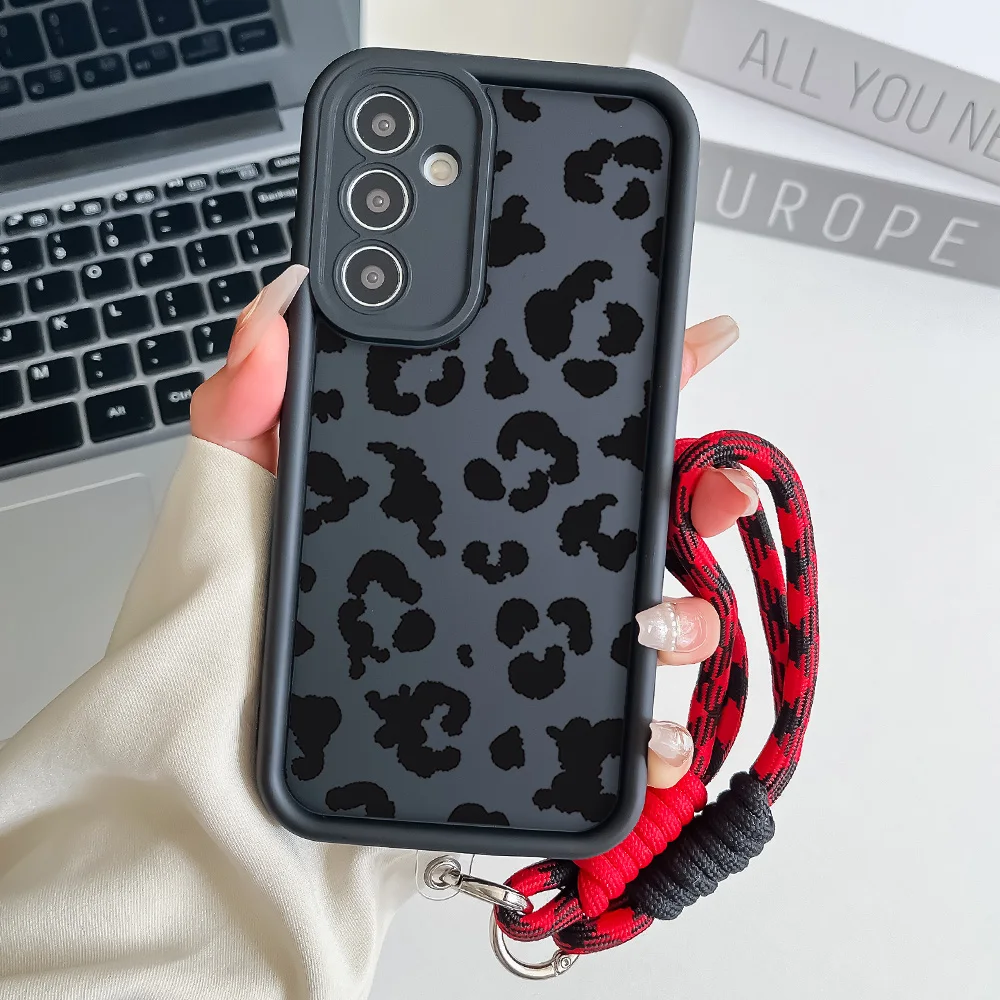 Leopard Wrist Chain Lanyard Case for Samsung A54 34 24 14 55 35 25 73 53 33 23 71 51 31 72 52 32 22 13 12 Hang Strap Case