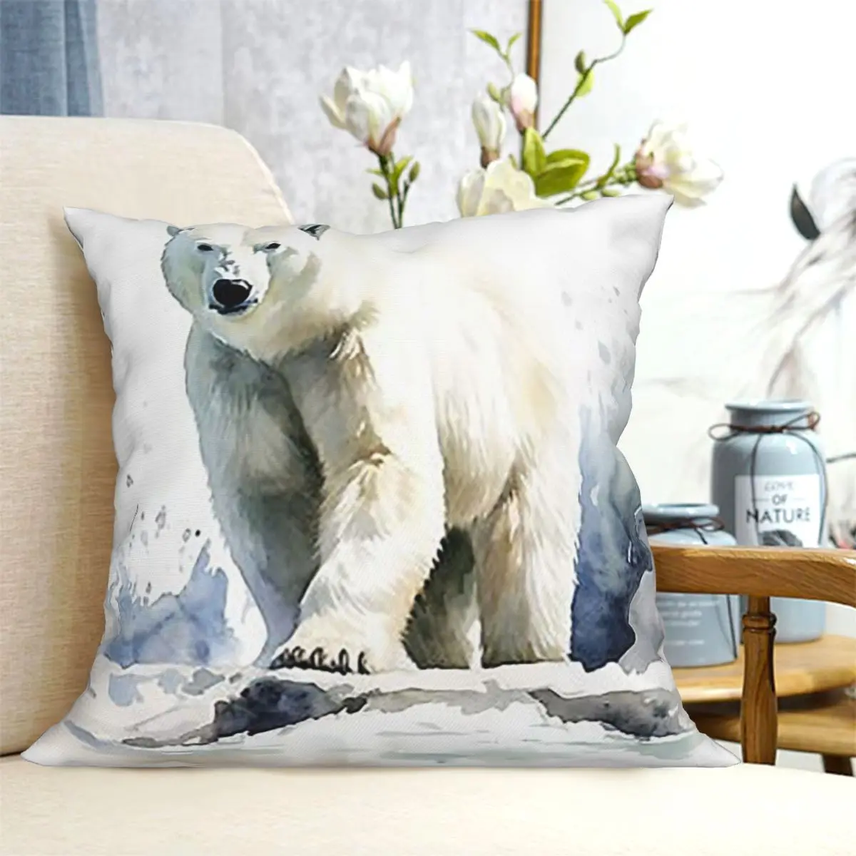 Watercolor Standing In The Snow Polar Bear Square Pillowcase Cushion Cover Pillow Case Throw Pillow Cover Home Sofa Living Room