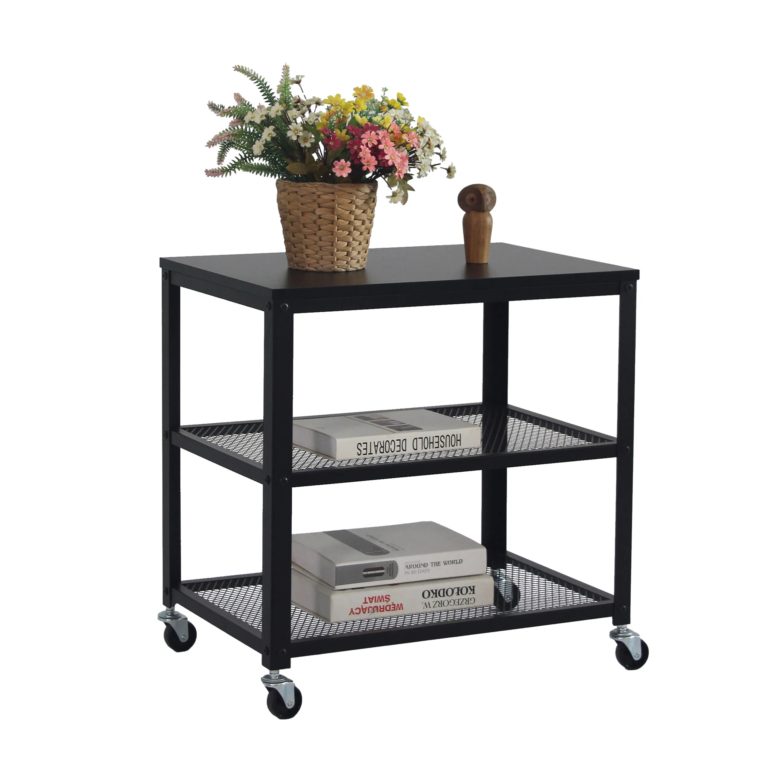 Desserte à roulettes, pour cuisine, salon et bureau, 3 étagères, noire, acier MDF et plastique, 61 x 60 x 40 cm, chariot de service, Relaxdays