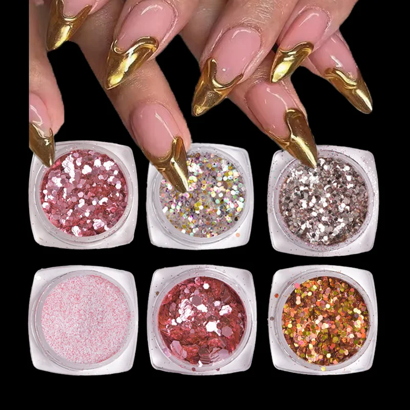 6pcs Nail Polish Glitter Fine Sand Holographic Glitter Powder Black White Reflective Pigment Flakes Powder Manicure Accessories