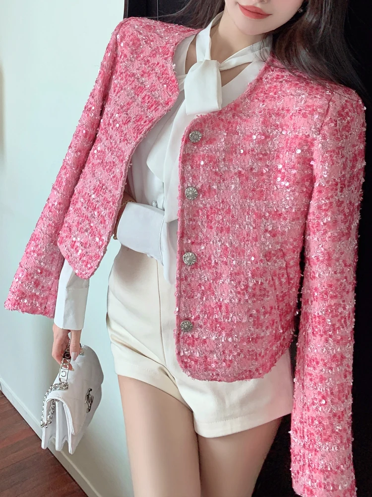 Luxury Pink Sequined jacket for women 2023 New collection korean style O-neck long sleeve coat Spring Autumn Blazer INKEO 3O238