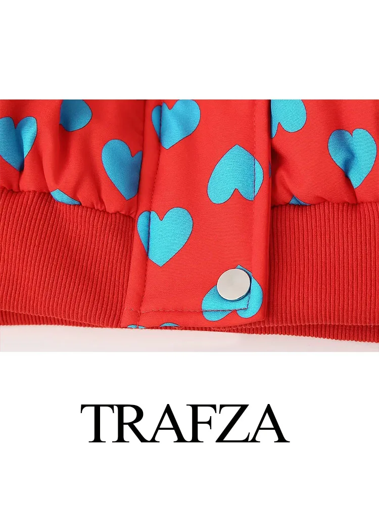 TRAFZA Damski 2-częściowy zestaw Love Heart Dot Printed Zipper Pocket Buttons Design Casual Cotton Jacket Coat+Fashion A-line Mini Skirt