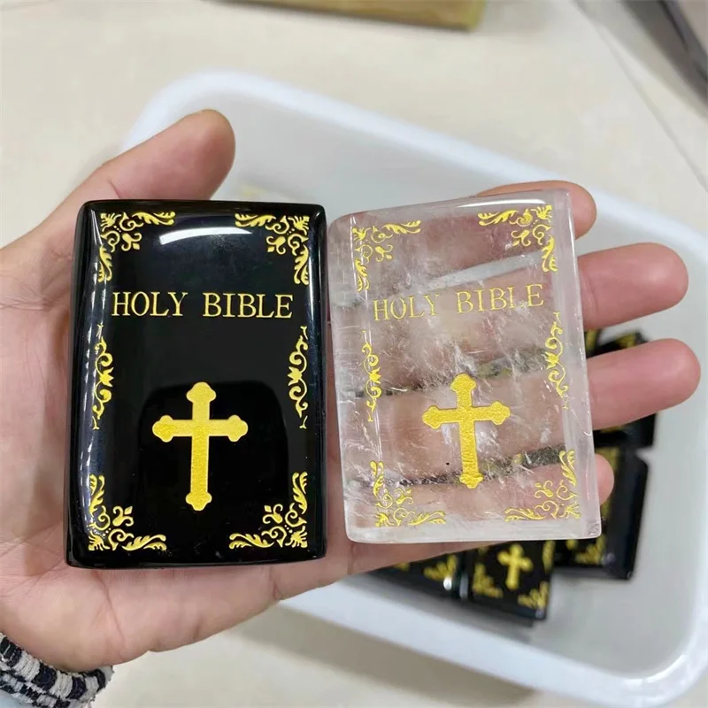 Natural Bible Carving  Obsidian & Clear  Quartz Crystals Stone Hand Carved Jesus Church Healing Home Decoration Gift 6.5CM