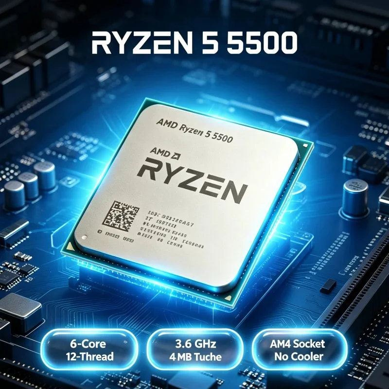 AMD Ryzen 5 5500 Desktop CPU Socket AM4 6‑Core 12‑Thread 4.2GHz Turbo Frequency 7nm 16MB Cache No Cooler