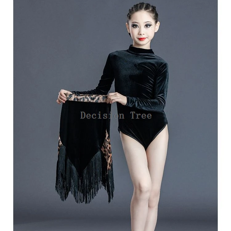 2024 new children's latin dance fringe dress training dress long sleeve dance dress children's competition performance clothing