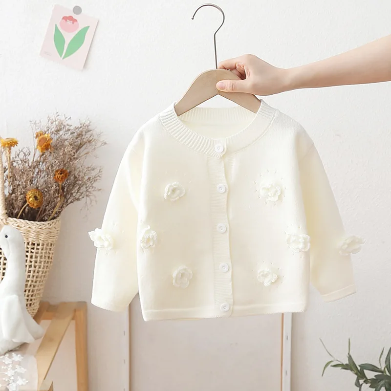 Girls Handmade Flower Knitted Cardigan 2024 Autumn New Baby Girl\'s Solid Color Long Sleeve Top Jacket Children\'s Sweater Coat