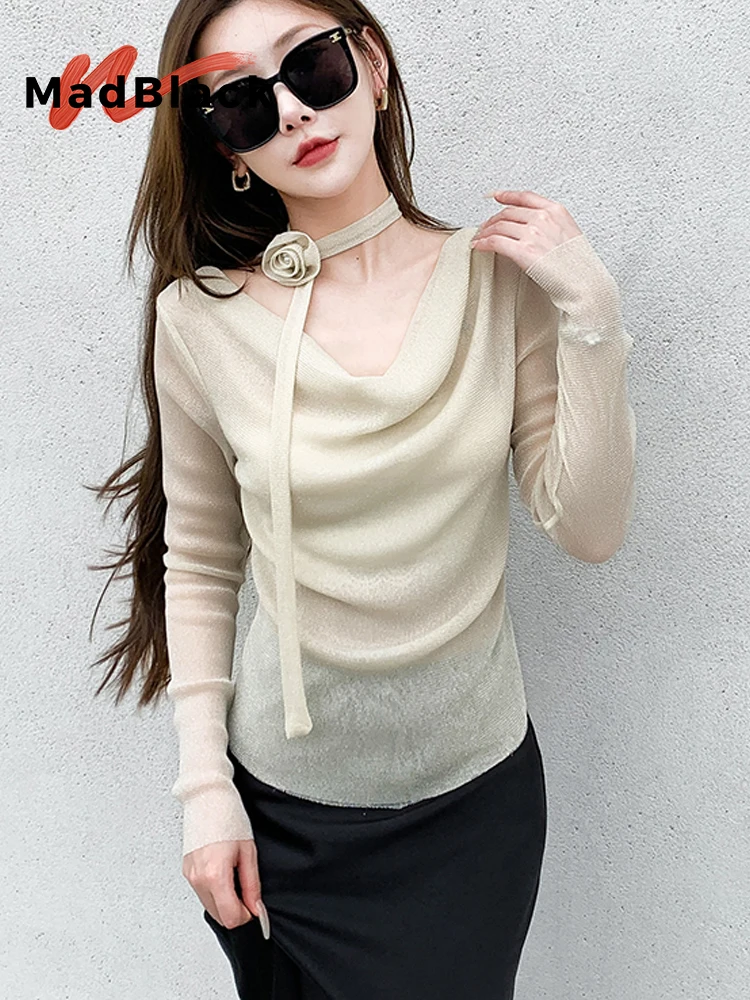 

MadBlack-Женская европейская футболка, сексуальная трикотажная сетчатая футболка с v-образным вырезом и 3D цветочным принтом, уличная одежда с длинными рукавами S-2XL, осень 2023, T5O414CC