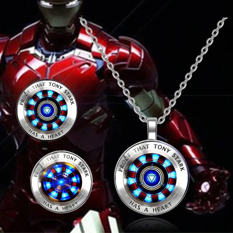 Disney Anime Iron-Man Heart Time Gem Necklace Poly Energy Fashion Alloy Pendant Vintage Sweater Chain Boys Girls Jewelry Gifts