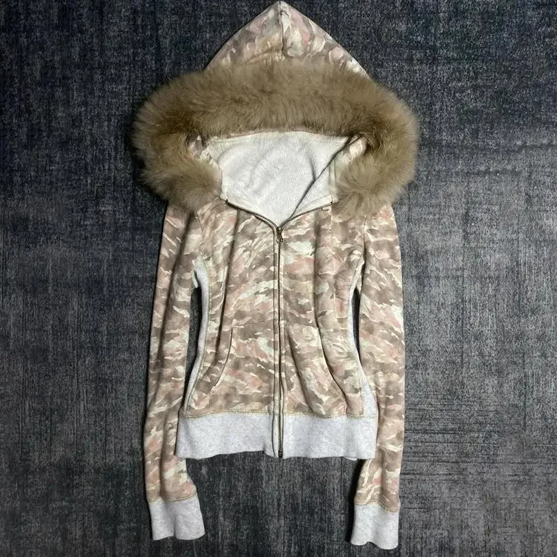 Wear Y2K Outdoor Sports Zipper Hooded Sweatshirt Punk Hip-hop Dark Faux Fur Leather Collar Camouflage Rock Gothic Jacket Retro