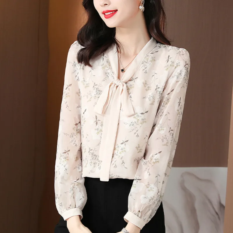 #2527 Flower Printed Chiffon Blouse Women Bow Collar Vintage Blouses Ladies Long Sleeve Office Retro Womens Blouses And Tops