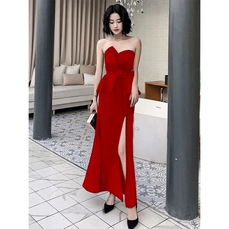 Black No. 1 tube top small evening dress for women 2024 new banquet temperament name long niche high-end feeling