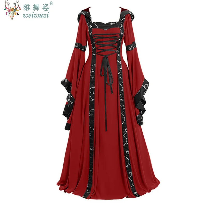 

Vintage Halloween Costume Adult Women Big Swing Long Dress Retro With Hood Strap Costume Medieval Court Style Cosplay Costume