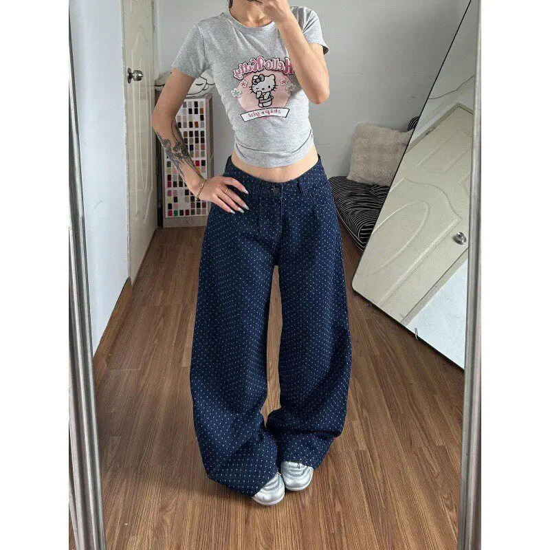 

2026 Polka Dot Wide Leg Casual Pants Women's High Waist Straight Leg Slimming Denim Long Trousers Summer New Style Korean System