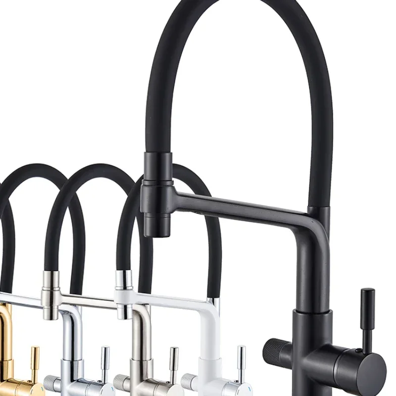 

POIQIHY Pure Water Filter Kitchen Faucet Pull Down Filtered Faucets Black Brass Crane Dual Handle Spout Hot Cold Mixer Tap