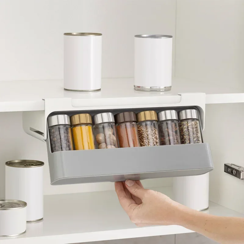 1pc Kitchen Seasoning Bottle Storage Rack Spice Rack Self-adhesive Wall-mounted Under-Shelf Spice Organizer Kitchen Storage Rack