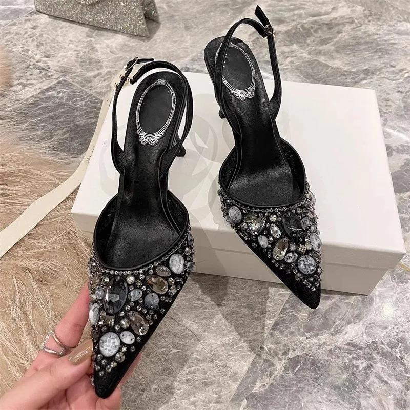 Spring and summer pointed shallow mesh crystal wedding shoes thin high-heeled banquet dress large size small size women\'s sandal