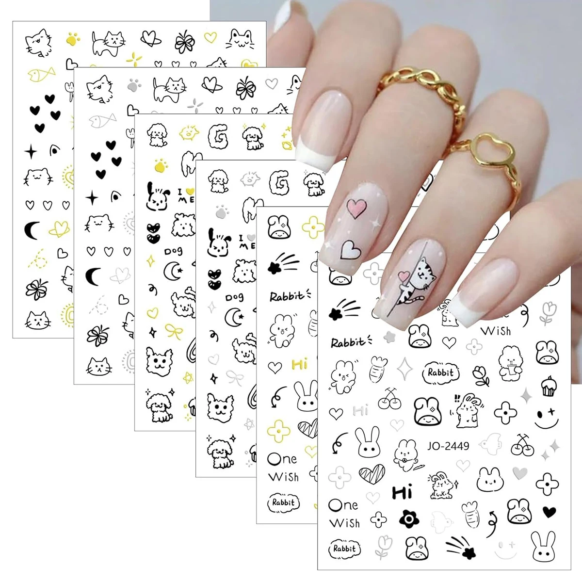 6 Blatt niedliche Cartoon-Tier-Nagelaufkleber, Katze, Hund, Kaninchen, Bär, Designs, selbstklebende Liebe, Kawaii-Nagelaufkleber, DIY-Maniküre