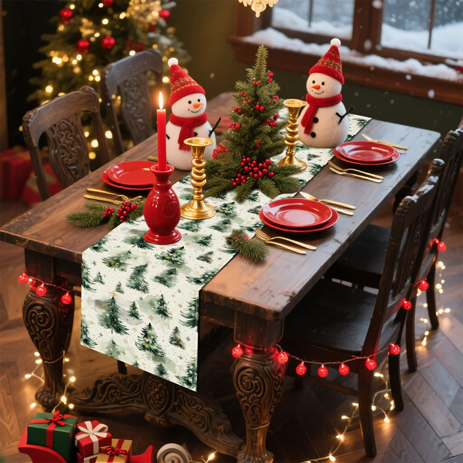 مفرش طاولة شجرة عيد الميلاد الاحتفالية باللونين الأخضر والأبيض لتزيين العطلات مع نجوم ذهبية للاستخدام الداخلي والخارجي وحفلات عيد الميلاد في ديسمبر #5