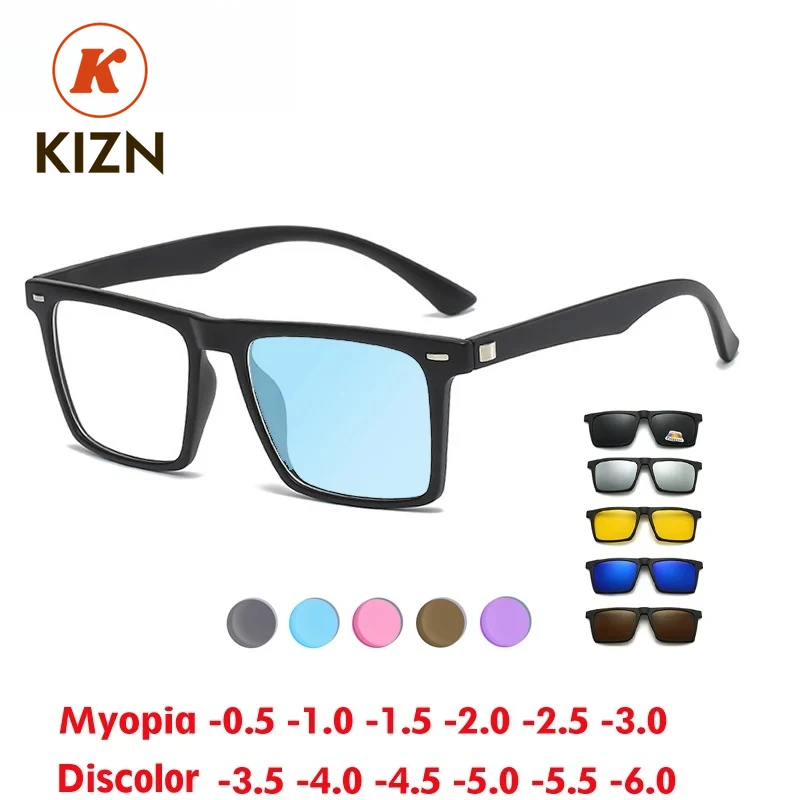 

KIZN фотохромные синие очки для близорукости оправа ретро мужские квадратные очки женские поляризационные магнитные клипсы на солнцезащитные очки -0,5 ~ 6,0