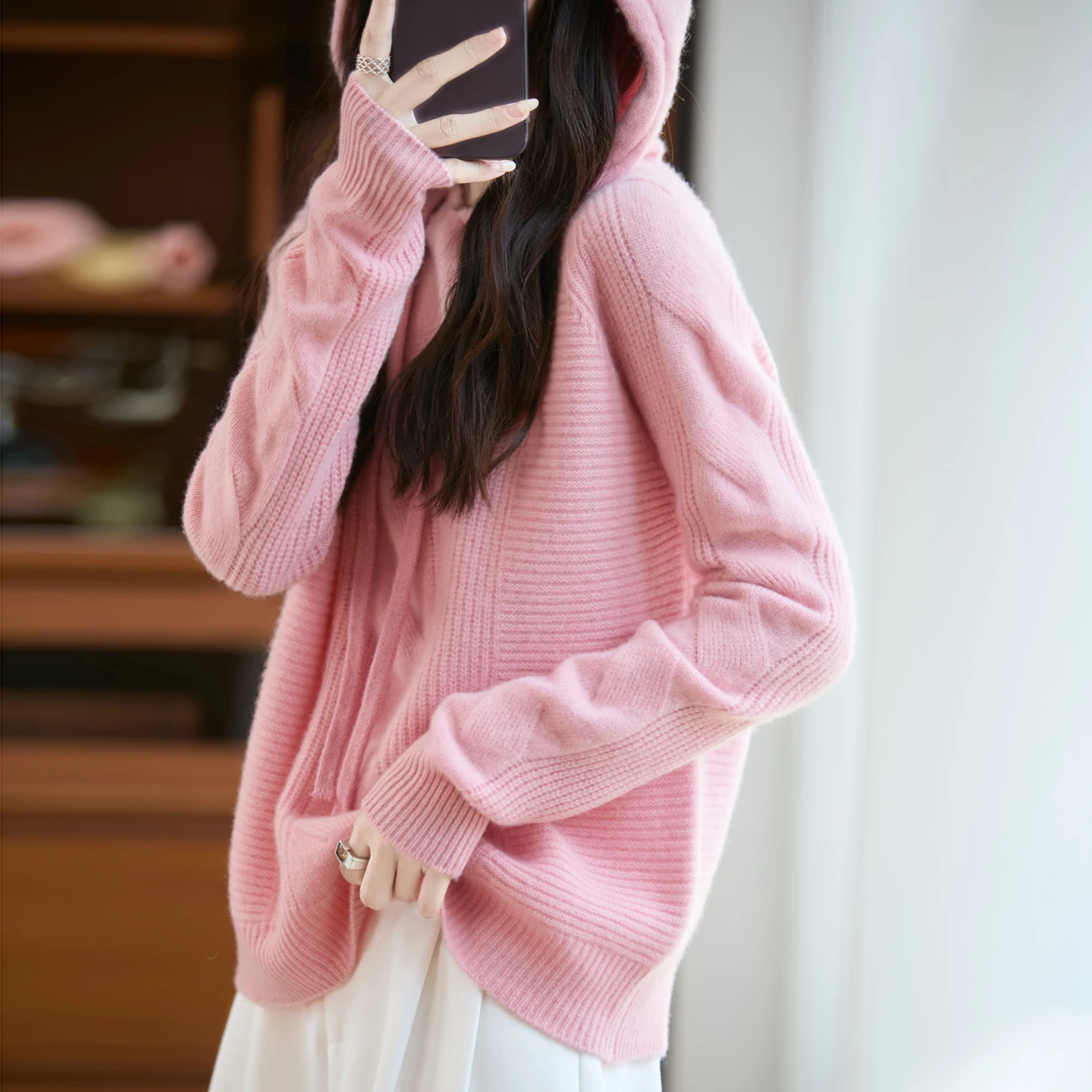 

New Women's Wool Hooded Pullover Sweater Autumn Winter 100% Merino Wool Loose Cashmere Jumper Knitted Female Clothing Grace Tops