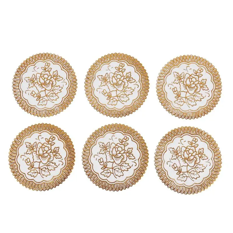 A44I- 6 Exquisite Gold-Tone Flower Dinning Table COASTERS SET