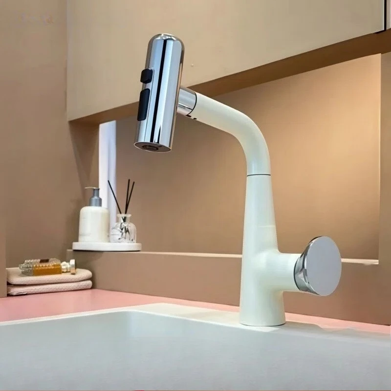 Cream White Pull-out Lift Basin Faucet, Brass Universal 3 Modes Water Outlet Splash Proof Hot & Cold Bathroom Sink Tap