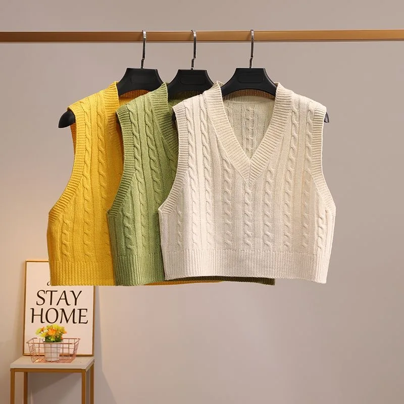 Spring Autumn Cable Knit Short Vest Women Sleeveless Cropped Sweater Tank Top Yellow Beige White Khaki Green Cover-Up Top