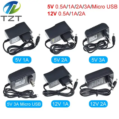 TZT – chargeur d'alimentation AC 100-240V à DC, 5V 12V 1A 2A 3A 0,5a, prise ue 5.5mm x 2.5mm, prise Micro USB pour Arduino