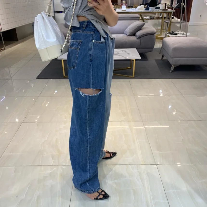 REALEFT летние винтажные женские джинсовые брюки с дырками, новинка 2025 года, цветные лоскутные повседневные свободные прямые джинсы с высокой талией, женские брюки