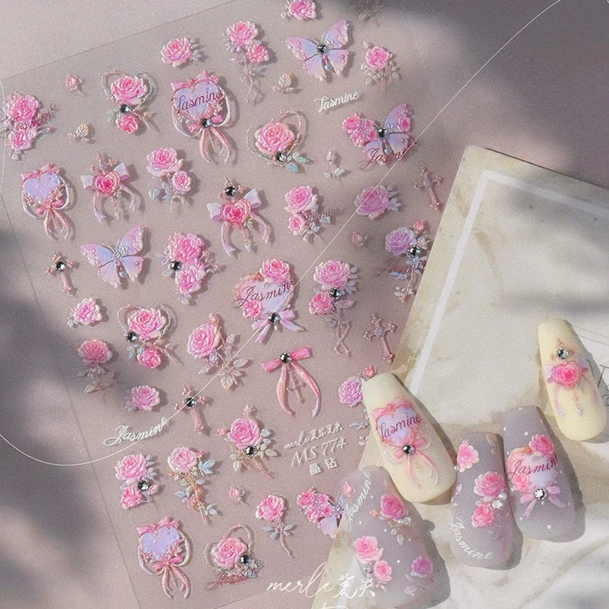 Pink Rose Flowers Butterfly Bowknot Rhinestones Pearl Ribbon Retro Photo Frame Geometric Charm Nail Art Stickers Manicure Decals