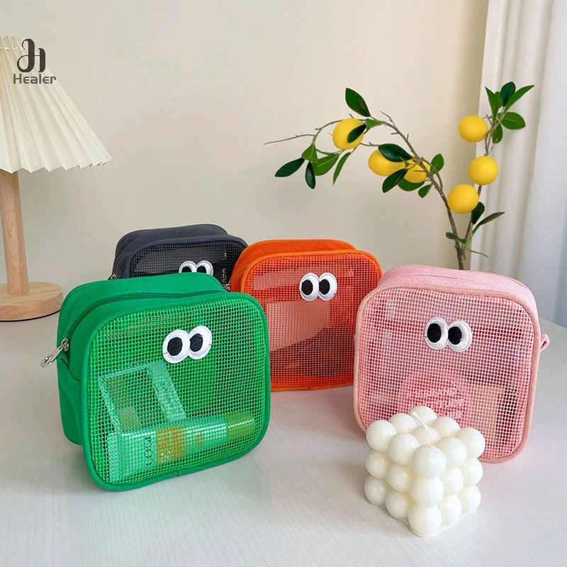 Mesh Cosmetic Bag Cute Big Eyes Make Up Case Kawaii Makeup Pouch Makeup Case Portable Toiletry Storage Bag New Candy Color