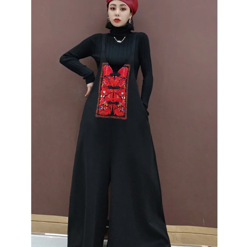 2024 Spring Autumn Women New Rompers Loose Embroidery Printing Temperament One Piece Black Wide Leg Pants Women\'s LHX4187