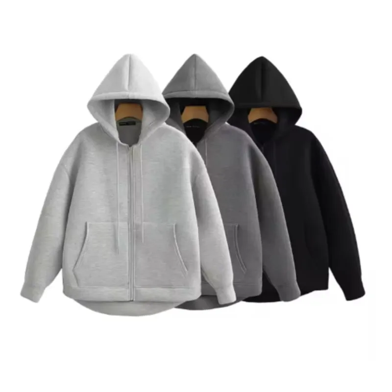 Měkká podzimní dámská šedá bunda s kapucí a dlouhým rukávem, velká kapsa na zip, bundy, kabát, dámské volné ležérní svrchní oblečení, kabáty, topy - náhled 2