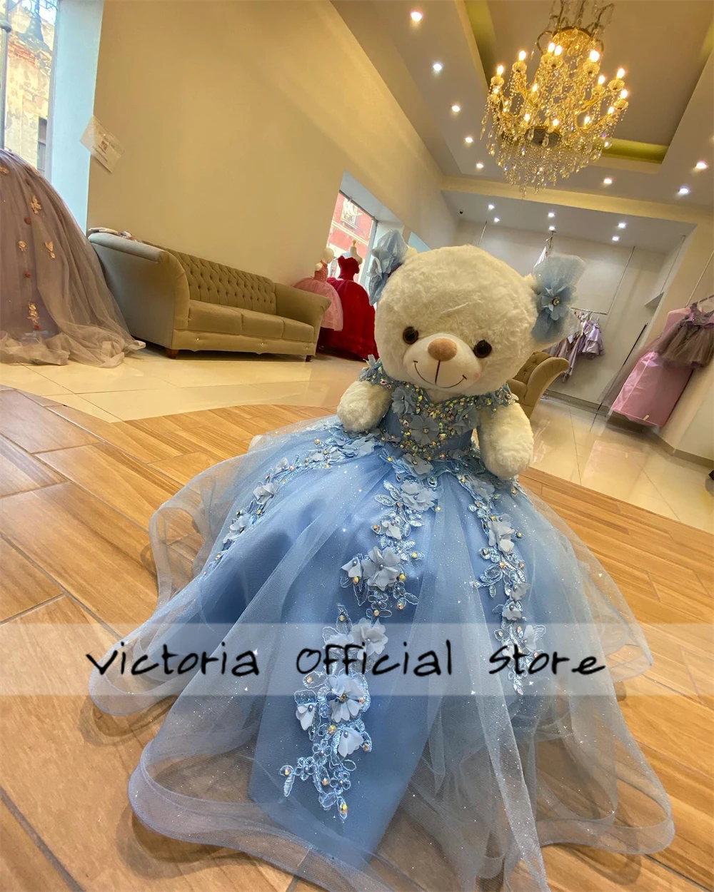 Blue Lace Flowers Personalized Quinceanera Teddy Bear Dress Sweetheart Lace Flowers Appliques Crystals Bead Off The Shoulder